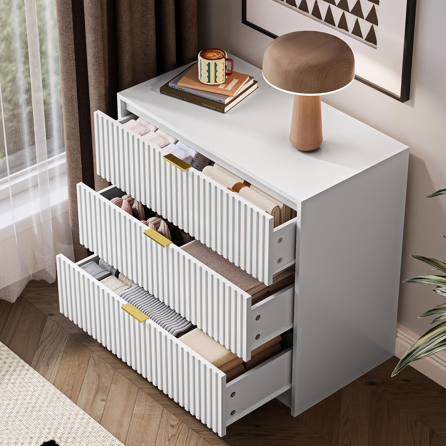 White Fluted Dresser for Bedroom, 32 Inch Wide Nightstand with Large Drawer, 3 Drawer End Table for Bedroom, Living Rooms, Offices, and Entryways