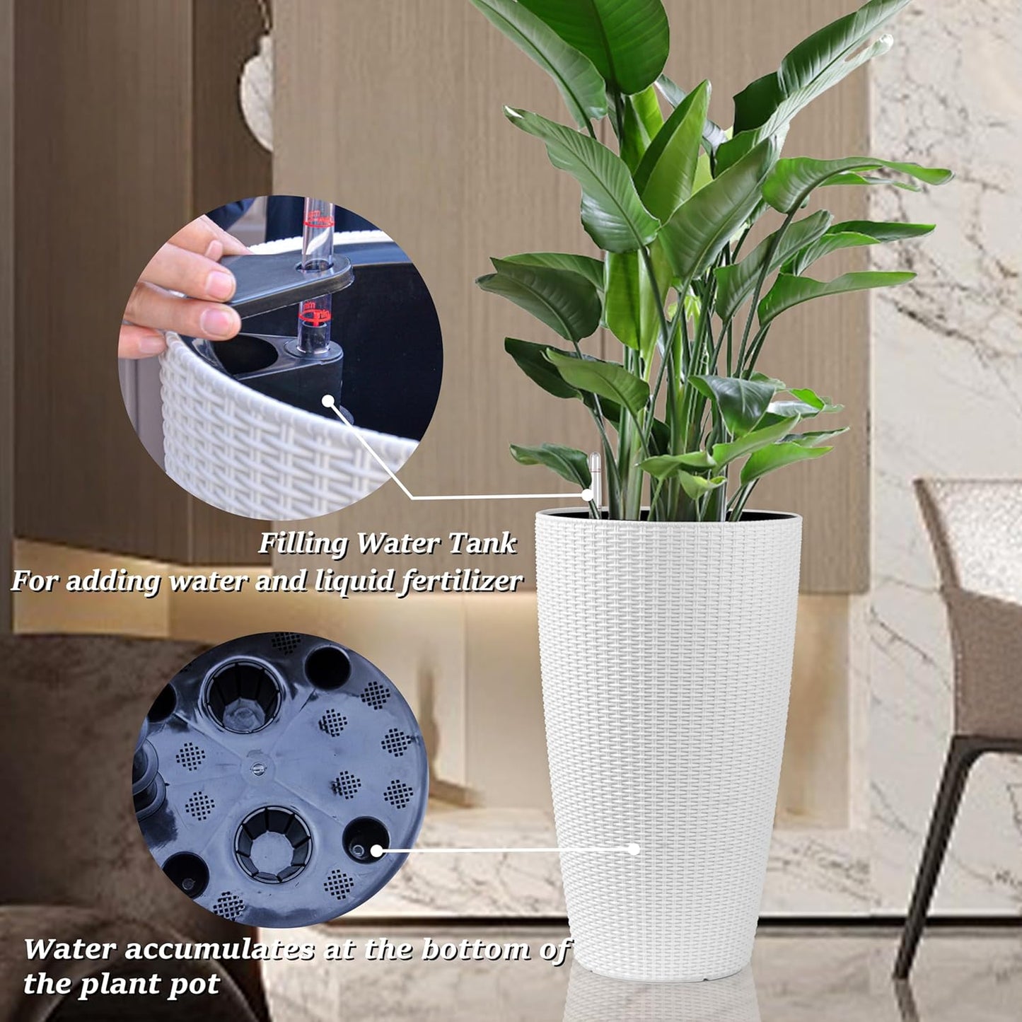 2Pack 22" High Modern Plant Pots Planter-Self-Watering Indoor/Outdoor Planting with Drain Holes, Water Level Monitor, Inner Bucket for Front Porch Patio, White Rattan Conical