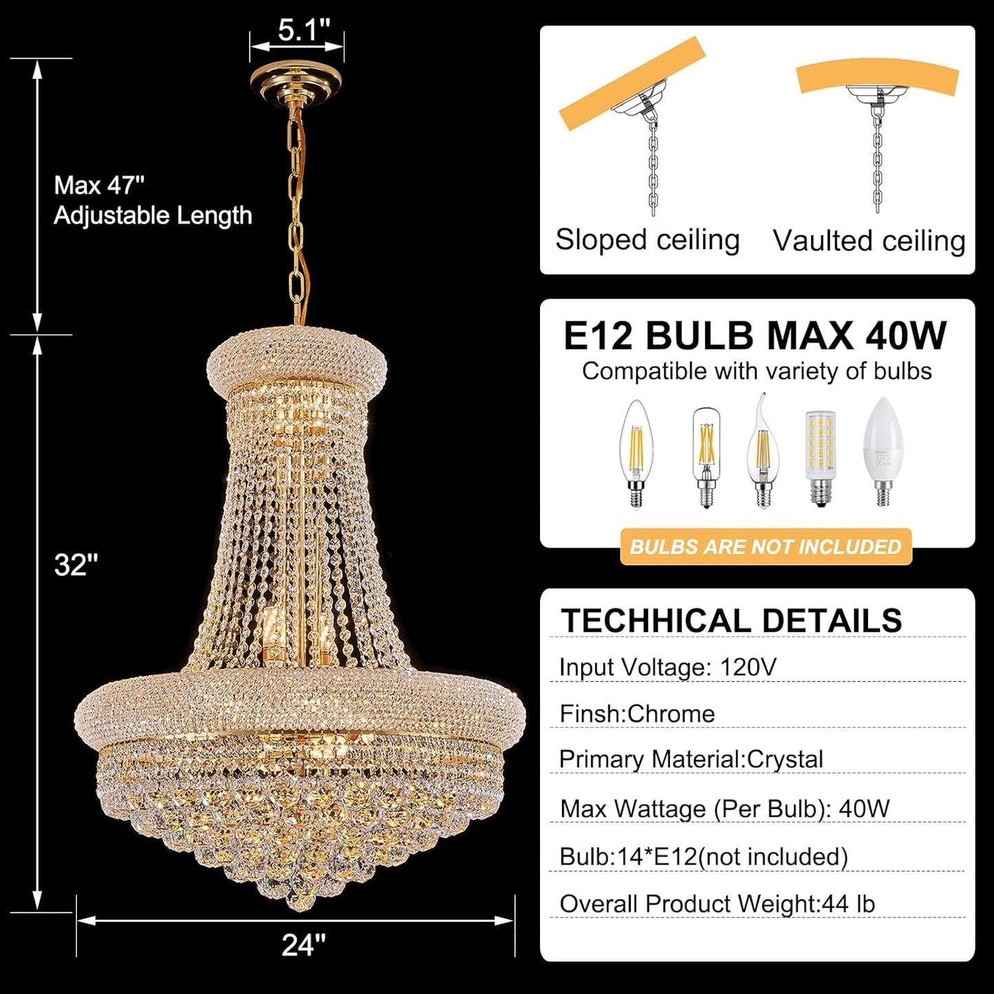 14 - Light Unique Empire Crystal Chandelier with Adjustable Chain for High Ceiling Foyer Entryway Living Room Dining Room Bedroom Gold Finish