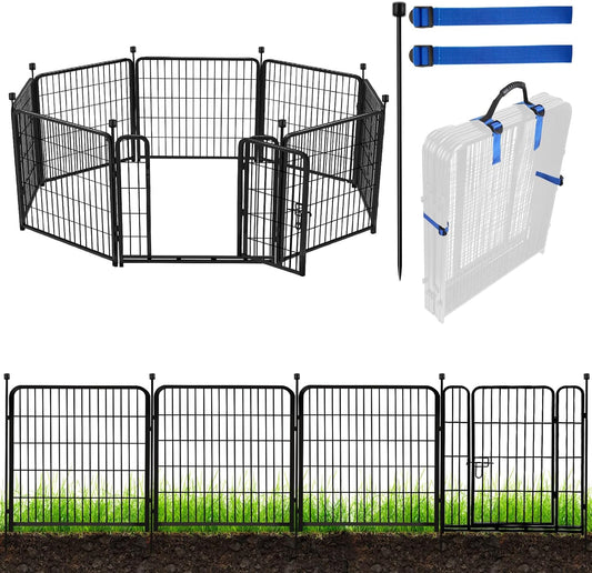 ADAVIN 32 in(H) Garden Fences and Borders,1 Gate+7 Panels Dog Fence Outdoor for Yard, Heavy Duty Iron Metal Animal Barrier Fence, Portable Fence, Flower Garden Fencing,Total 17.7 Ft(L), Black