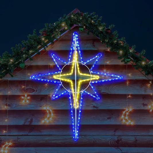 36'' Christmas Star of Bethlehem LED Star Hanging Lights Nativity Holy Family Light for Door Window Porch Wall Decoration Plug Operated Lighted Hanging Tree Topper(Blue, Warm Light)