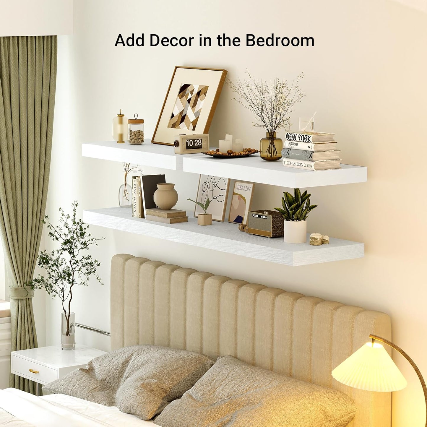 Heimlove 12" Deep Floating Shelves, 36 x 12 Inch Wall Mounted Long Floating Shelf with Invisible Brackets, for Home Decor, Bedroom, Kitchen, Living Room, Bathroom - 1 Pack, White