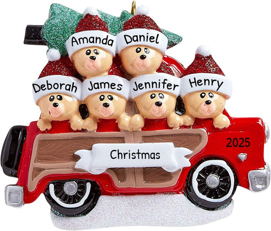 3D Road Trip Bears Family of 6 Ornament 2025 Personalized Family Christmas Ornaments 2025 | Snowy Tree Red Truck Personalized Tree Ornaments for Grandchildren, Siblings & Grandkids of Six Ornament