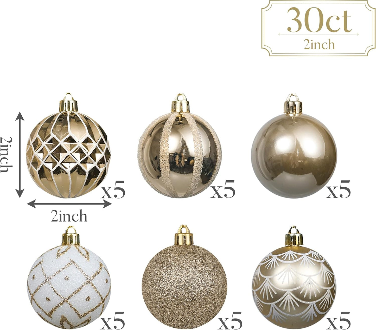 Valery Madelyn Christmas Ornaments Set, 30ct 2 Inches White and Gold Shatterproof Christmas Tree Decorations Ball Ornaments Bulk, Elegant Hanging Ornaments for Xmas Holiday Party Decor