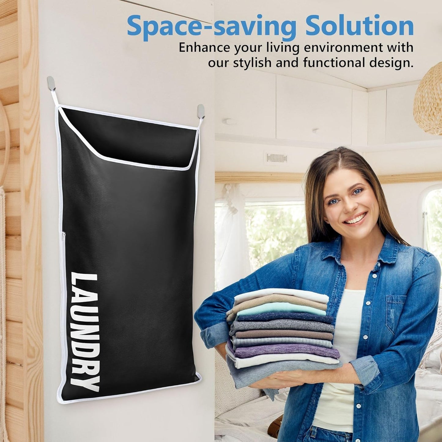 Hanging Laundry Hamper Bag XL 40x22", Space Saving over the Door Storage Bags, Behind the Door Hampers for Dirty Clothes & Wall Mounted Basket for Bathroom, Organizer for Small Room Spaces RV