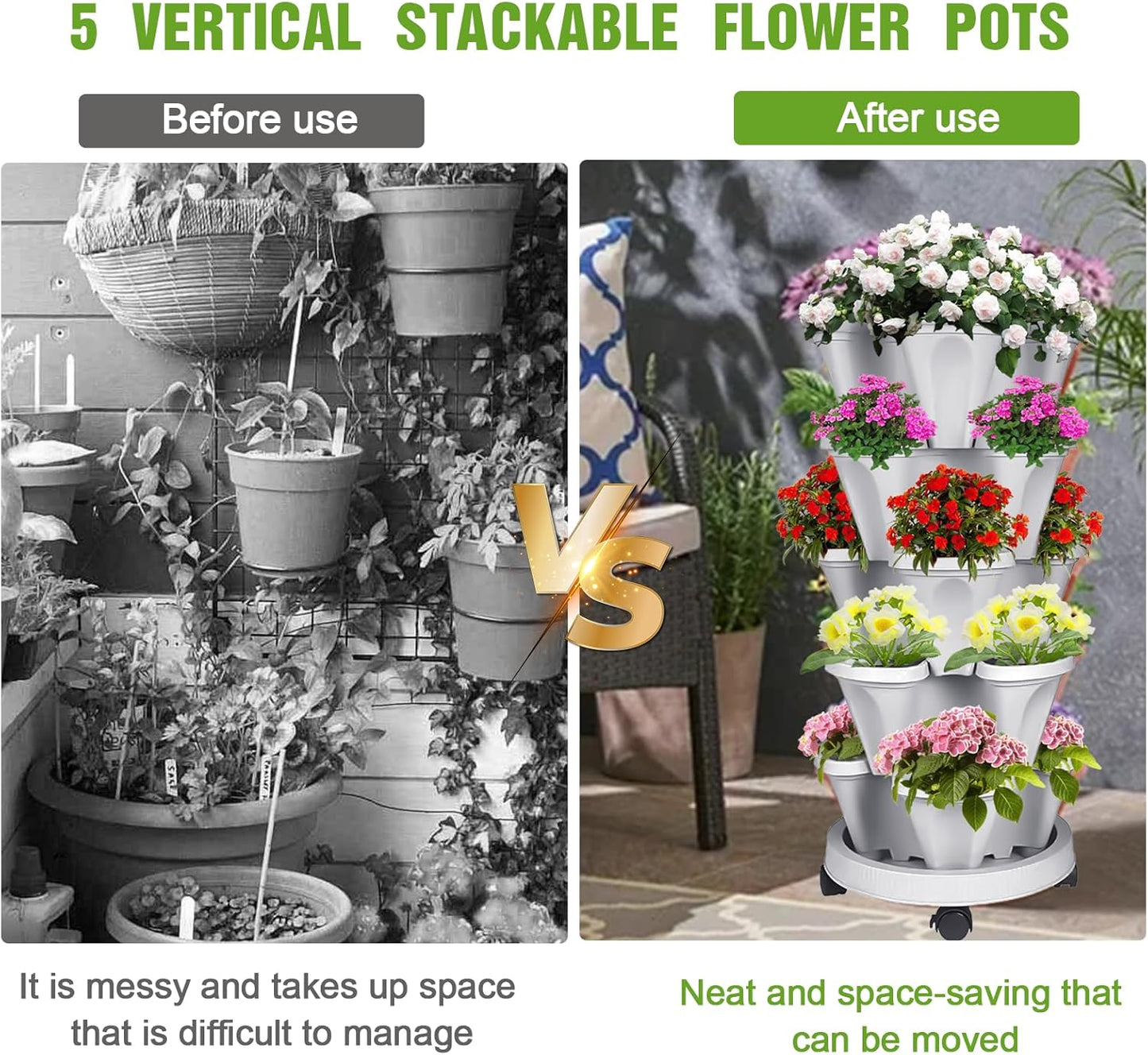 5 Tier Vertical Strawberry Planter-Tower Stackable Herb Planters-Stacking Garden Outdoor Planter Pot With Tools Mover For Flowers, Vegetables and Succulents