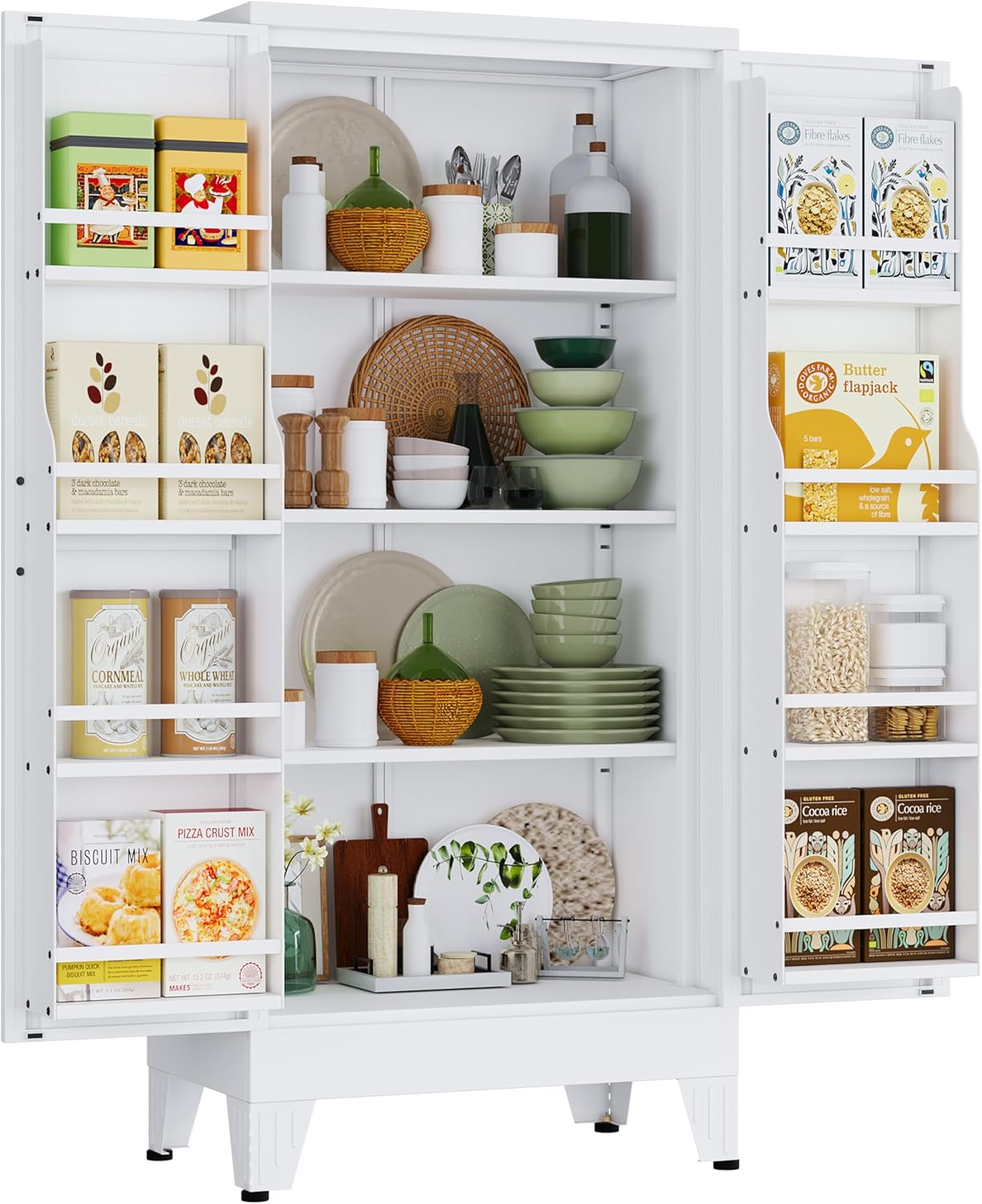 51" H Metal Kitchen Pantry Storage Cabinet, Freestanding Cupboard Storage Cabinet with Doors and Adjustable Shelves, Large Stand Up Food Cupboard for Living Room, Dinning Room, White