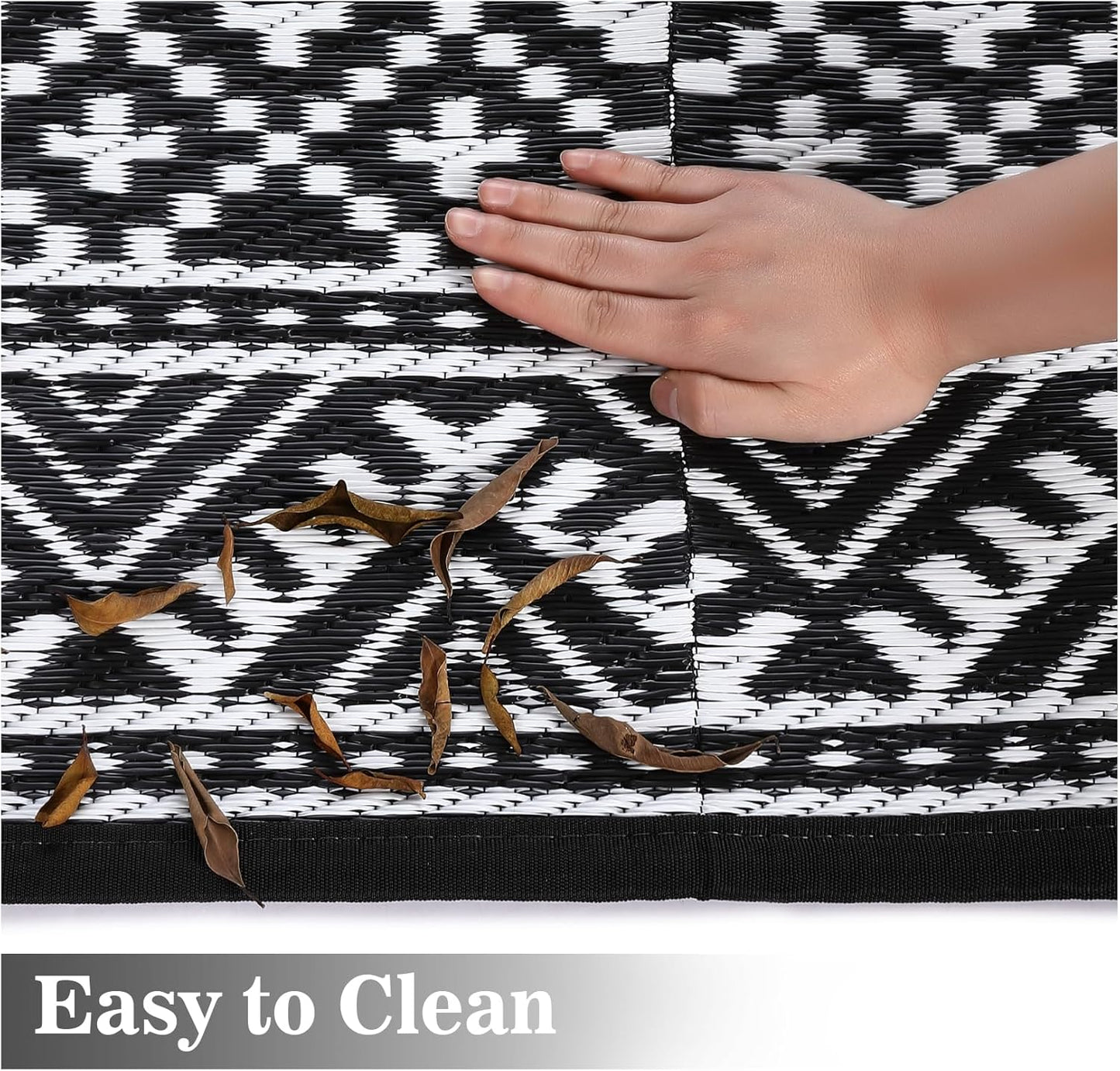 GAOMON Outdoor Rug Waterproof 8'x10', Reversible Outdoor Plastic Straw Rug, Boho Patio Rug, Indoor Outdoor Carpet, RV Mat Outside for Patio, Camp, Picnic, Balcony, Deck, Black/White(Bohemia)