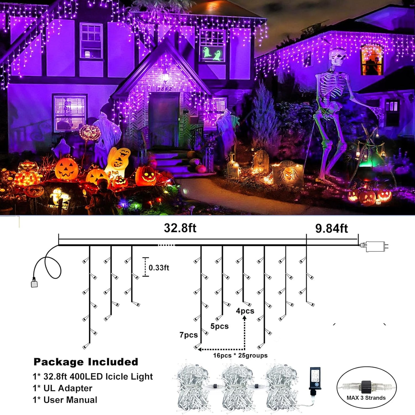 Halloween Lights Outdoor, 33FT 400 LED Purple Icicle Lights for Outside with Waterproof 8 Modes, Plug in Connectable Curtain Twinkle Light for Indoor Bedroom Patio Yard Party Holiday Decorations
