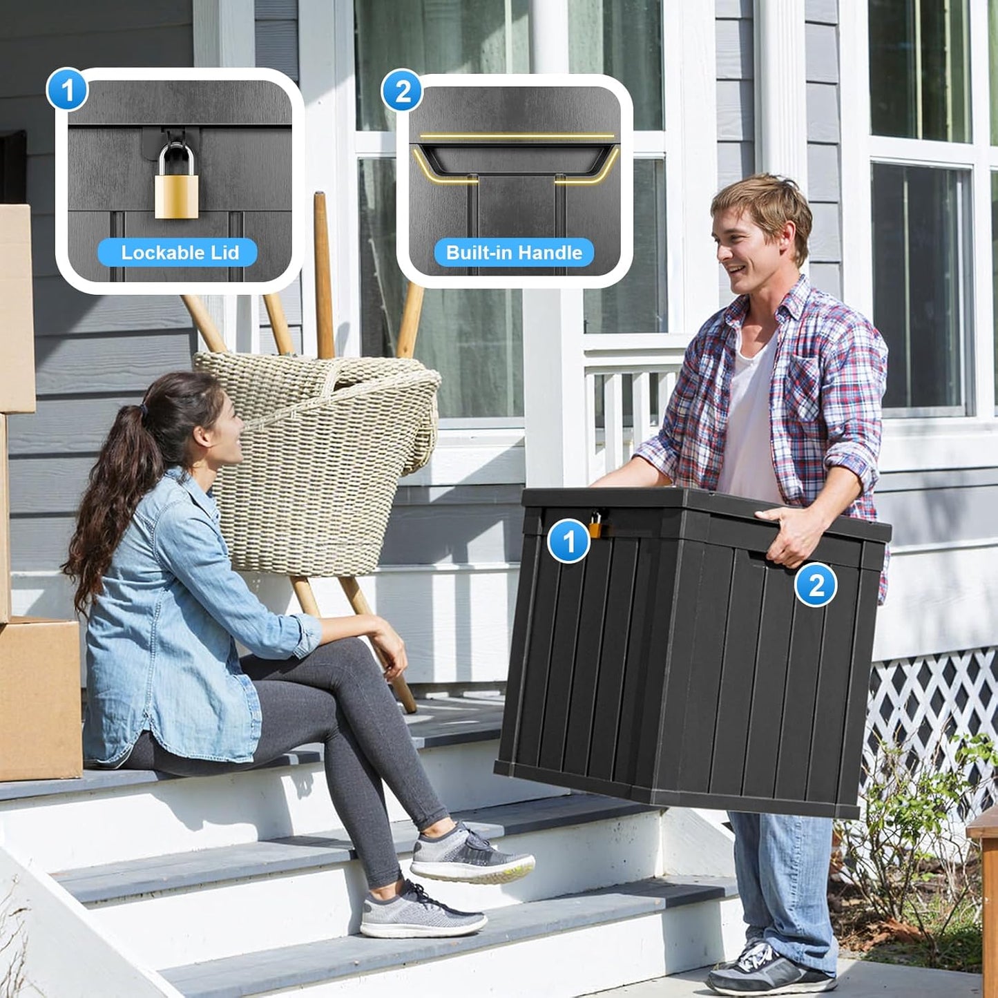 51 Gallon Resin Deck Box, Lockable Patio Outdoor Storage Box for Furniture, Garden Tools and Tools Storage, Waterproof Outside Storage Boxes - Black