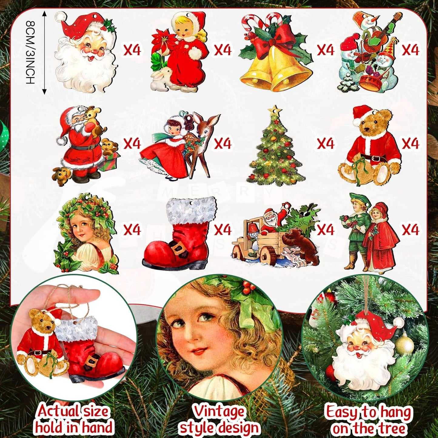 48 Pcs Victorian Style Wood Christmas Tree Ornaments - Hanging Vintage Decorations With Santa Claus and Snowman - Retro Wooden Ornament (Vivid Style)