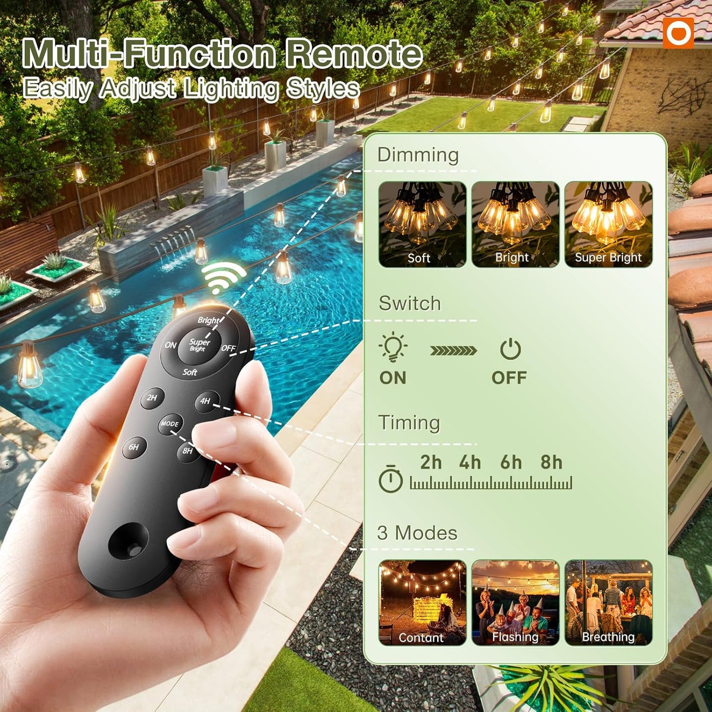 addlon 2 Pack*102FT(96+6) Solar String Lights Waterproof, Patio Lights Solar Powered with Remote & USB Port, 3 Lighting Modes 60+4 LED Shatterproof Bulbs Outdoor Light for Camping Backyard Garden