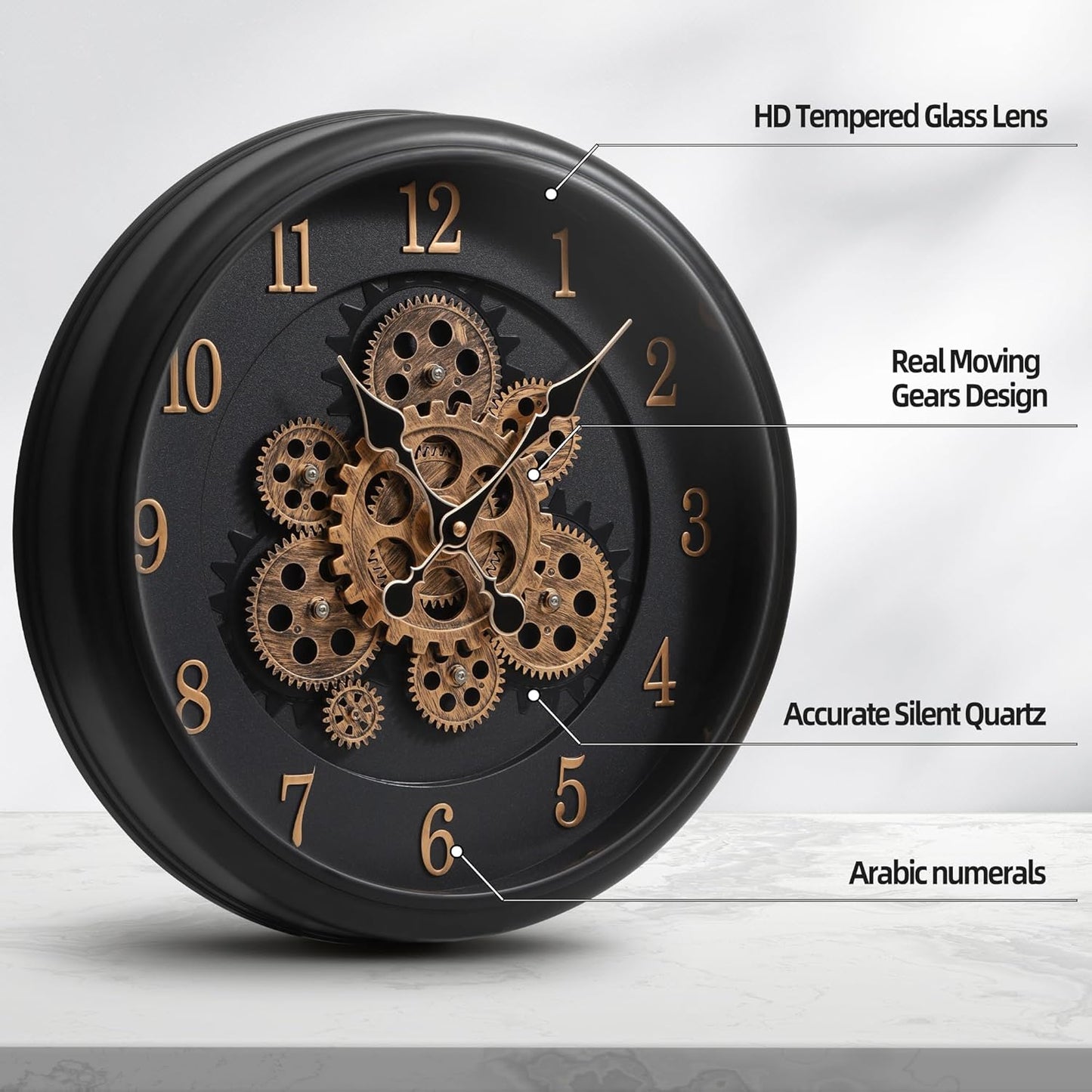 Maxstar Large Moving Gear Wall Clock,16" Vintage Mechanical Battery Operated Industrial Wall Clocks for Farmhouse Living Room,Home Office, Dinning Room, Kitchen, Steampunk Decor-Black,Arab Numeral