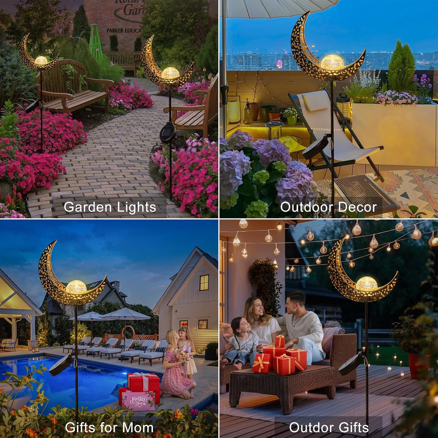 2Pack Moon Garden Solar Lights Outdoor Stakes Waterproof, Gifts for Mom, Crackle Glass Patio, Backyard Decorations, Balcony Lawn Ornaments, for Women Men Grandma (Bronze)