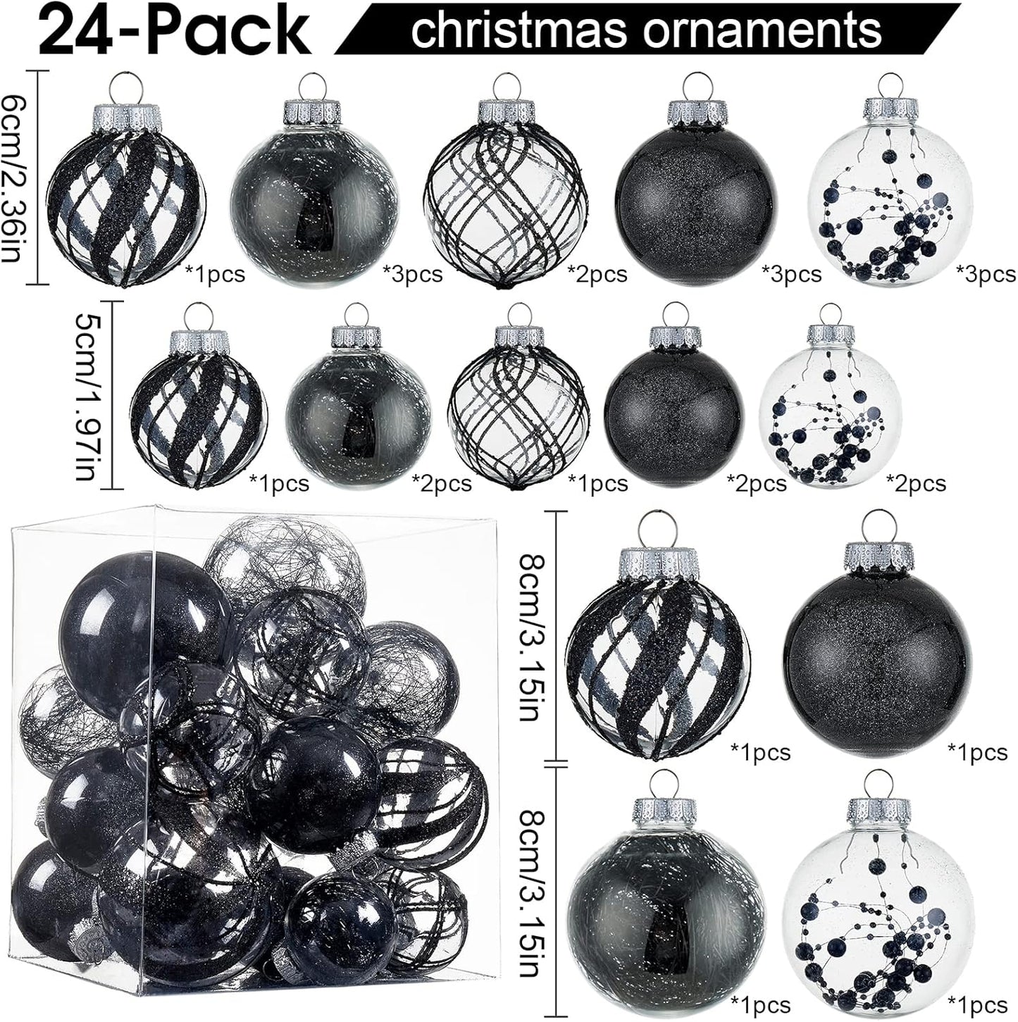 Clear Christmas Ball Ornaments,24ct Shatterproof Plastic Decorative Christmas Ornaments Hanging Xmas Tree Baubles Set with Stuffed Delicate Glittering Decorations for Holiday Party Home Decor(Black)