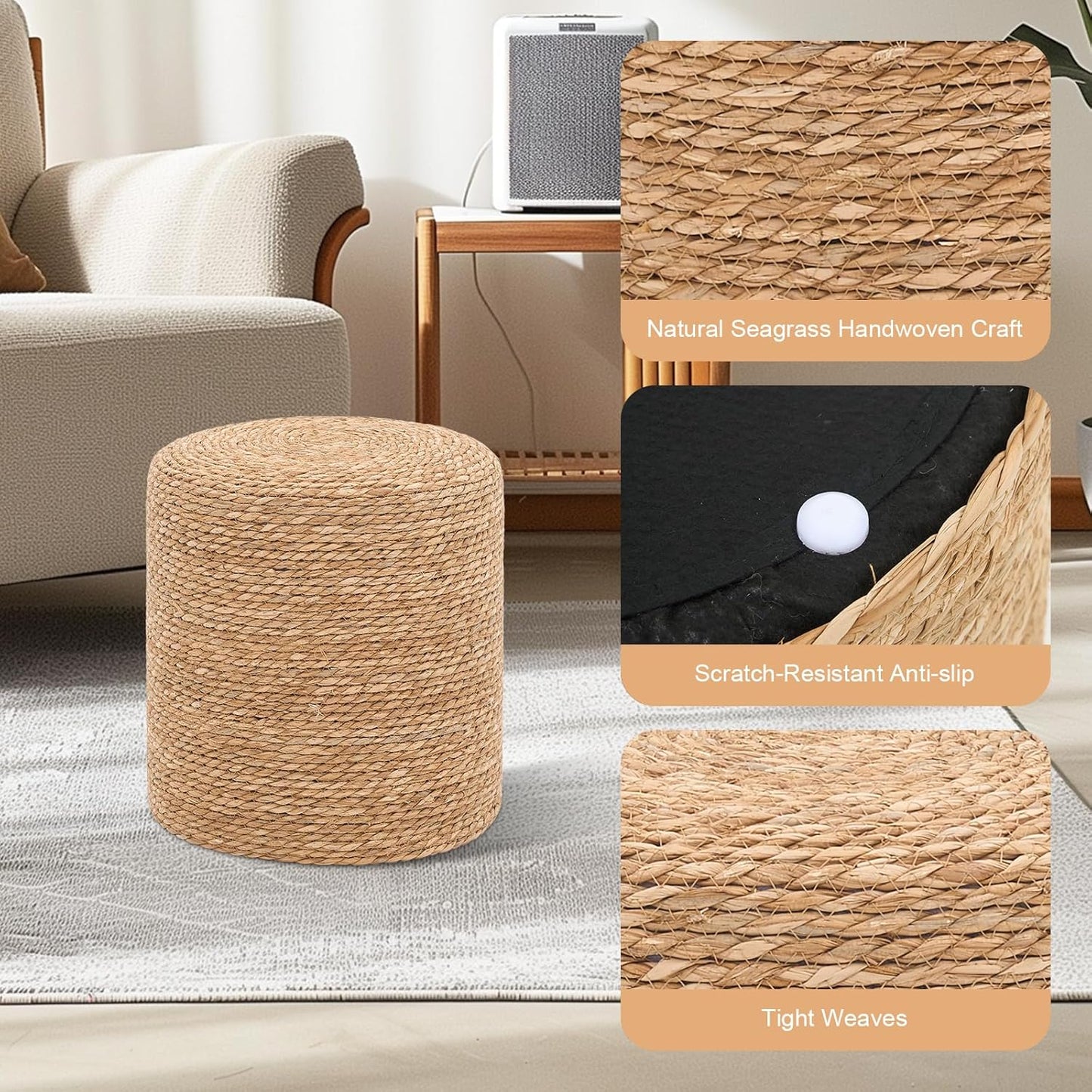 16'' Round Ottoman Natural Seagrass Braided Poof Hand Weaving Round Ottomans Boho Footrest Stool for Home Living Room Bedroom Patio(Natural)