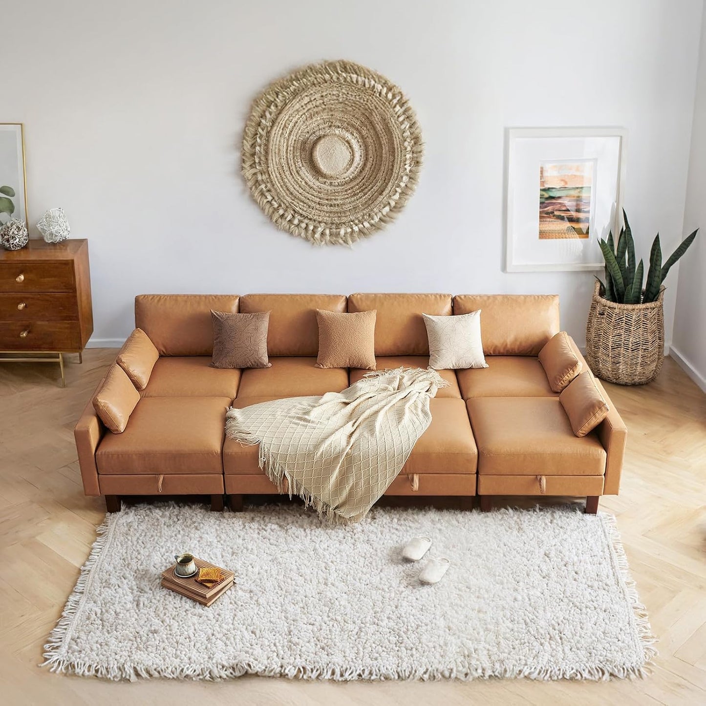 128'' Sleeper Couch, Large Sofa Bed with Storage, Faux Leather 8 Seater Sofa, Mid Century Modern Couch Sofa for Living Room, Guest Room, House, Apartment, Office, Loft, Tan