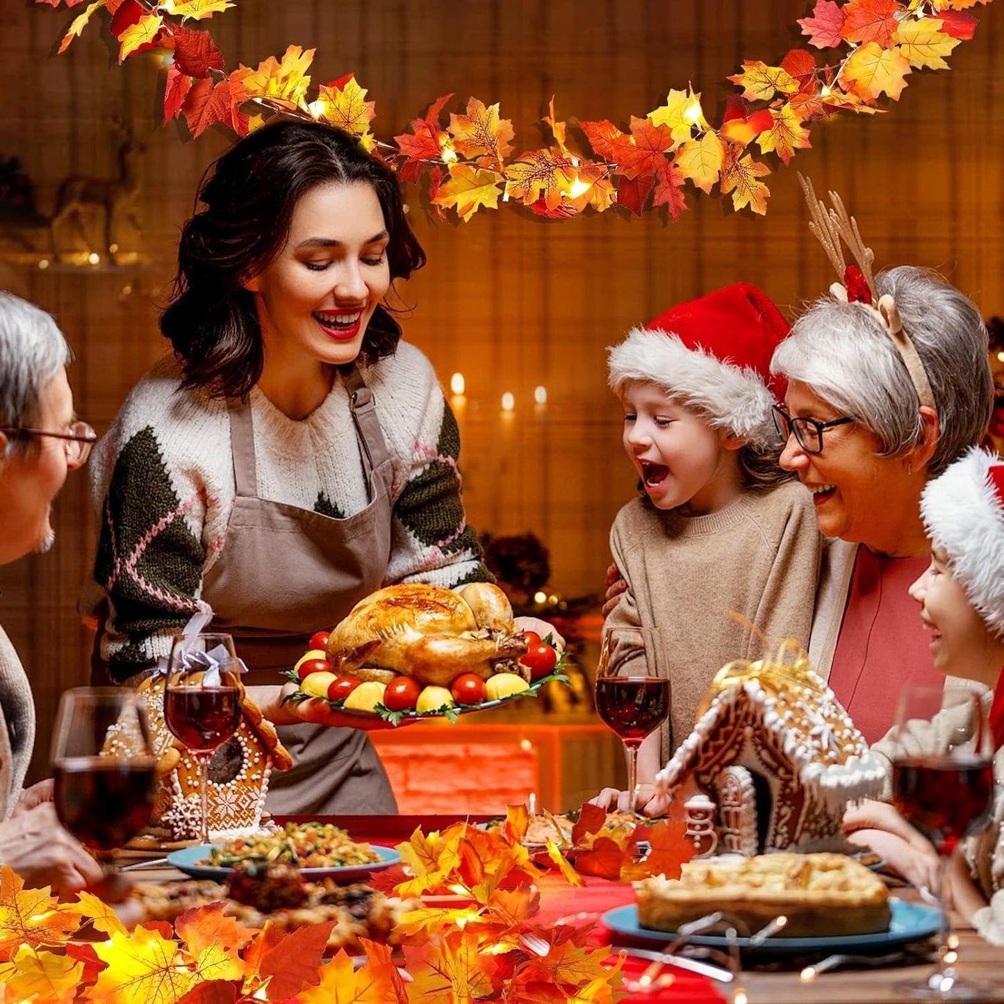 2 Pack Fall Decor Maple Leaves Garland with Lights Battery Operated Fall Thanksgiving Decorations Garland for Home Porch Front Door Table Mantle Outdoor Autumn Harvest Halloween Decor, 11.8Ft 40LED