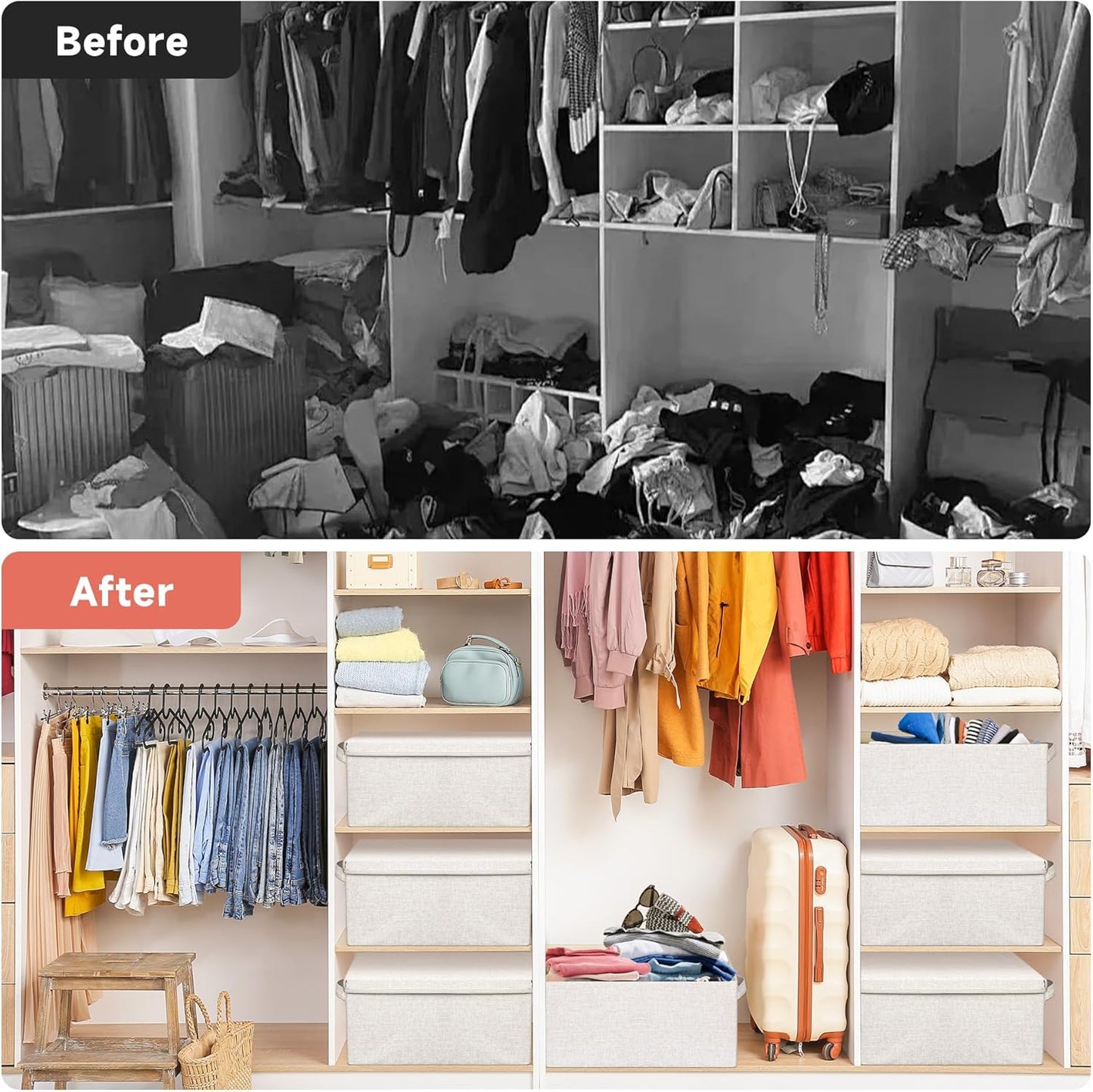 Large 17''x12'' Quart Collapsible Stackable Storage Bins with Lids, 4 Packs Off White Fabric Closet Boxes with Lids, Storage Cube Baskets Container Organizers for Bedroom Office(17''x12.2x''8'')