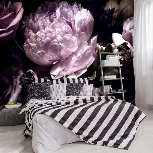 -Black Peony Purple Floral Botanical Fabric Wallpaper Living Room Bedroom Bathroom Dark Flowers Large Wall Mural- 183"x120"（ not Peel and Stick）