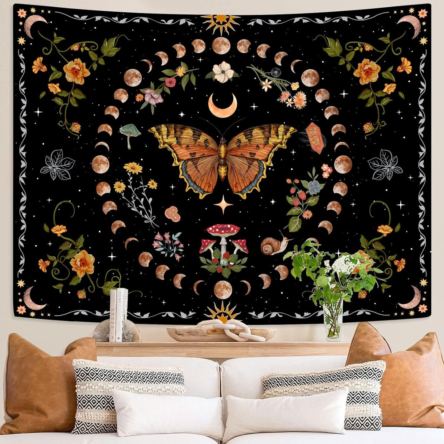 Aipon Orange Butterfly Moon Flower Tapestry Botanical Floral Plant Boho Tapestry for Bedroom Aesthetic Vintage Tapestries Wall Hanging for Living Room Dorm (36.00" x 48.00", Orange)