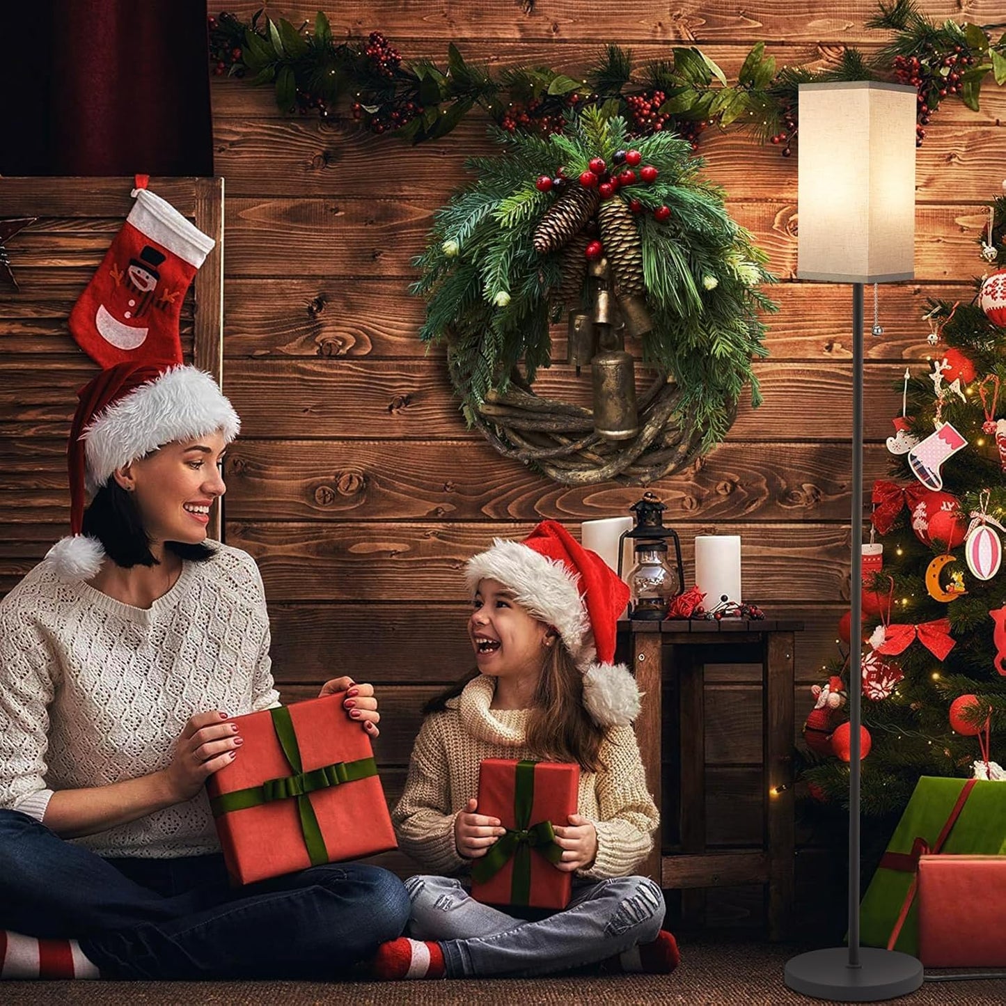 Ambimall Floor Lamp with 3 Color Temperatures Bulb & Pull Chain Switch, 64" Standing lamp, Beige Square Shade & Black Pole