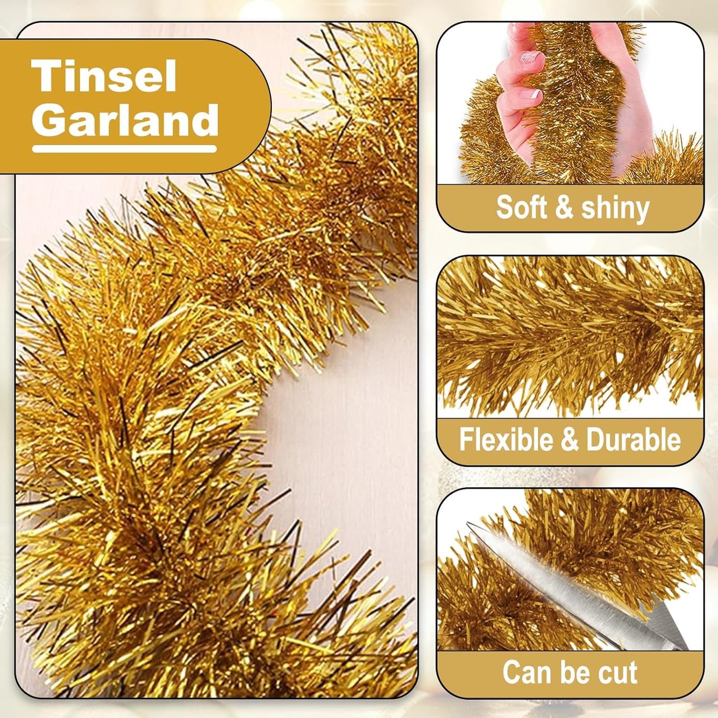 25 Feet Christmas Tinsel Garland, Metallic Twist Wall Hanging Backdrop for Parade Floats, Christmas Eve, New Year, Valentine's Day Party Decorations (Champagne Gold, 4in x 25ft)