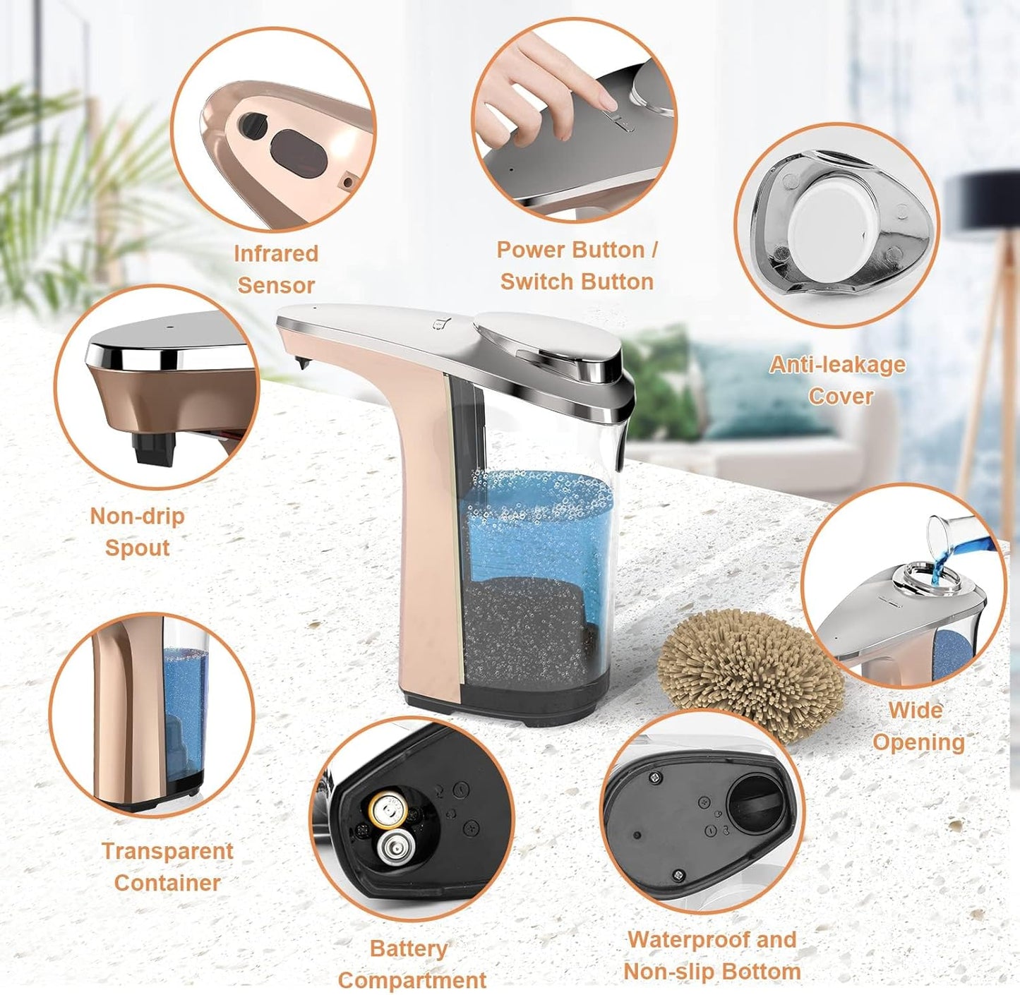 Automatic Soap Dispenser, PZOTRUF Touchless 17oz/500ml with Upgraded Infrared Sensor, 5 Adjustable Soap Dispensing Levels, Liquid Hand Soap Dispenser for Bathroom (Rose Gold)