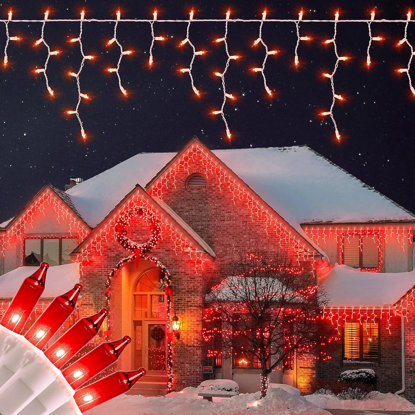23FT 200Count Red Icicle Lights,White Wire Icicle Mini Lights Plug in with 40 Drops,Hanging Curtain Fairy String Light Connectable for Christmas Valentine's Day Halloween Party Decorations