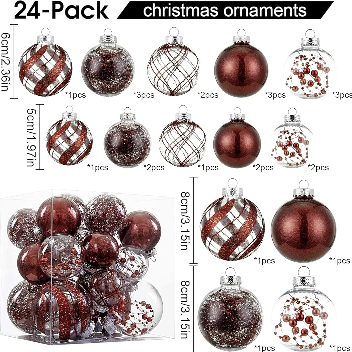 Clear Christmas Ball Ornaments,24ct Shatterproof Plastic Decorative Christmas Ornaments Hanging Xmas Tree Baubles Set with Stuffed Delicate Glittering Decorations for Holiday Party Home Decor (Brown)