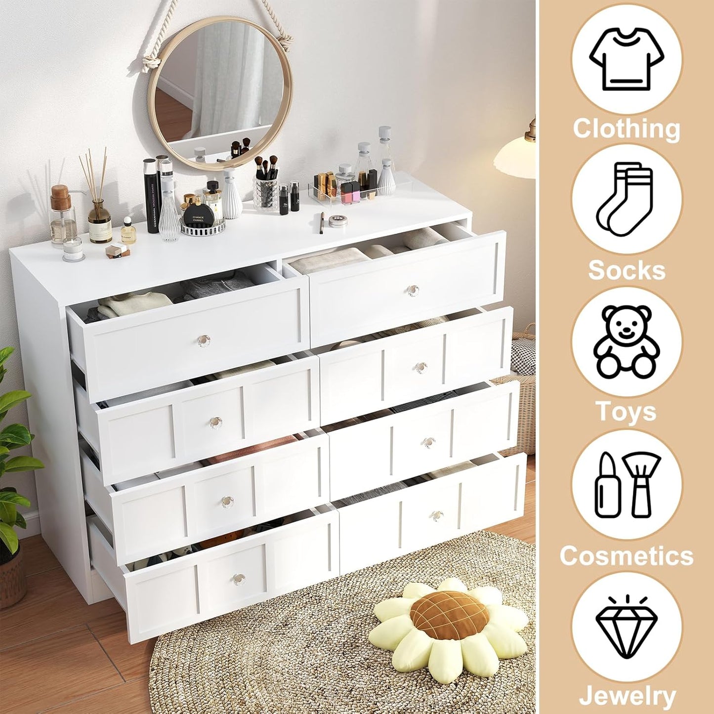 Wood Dresser for Bedroom 8 Drawer: 47" White Chest of Drawers Wood, Modern Fluted Cabinet with Sturdy Storage, Wide Aesthetic Furniture for Room Organization