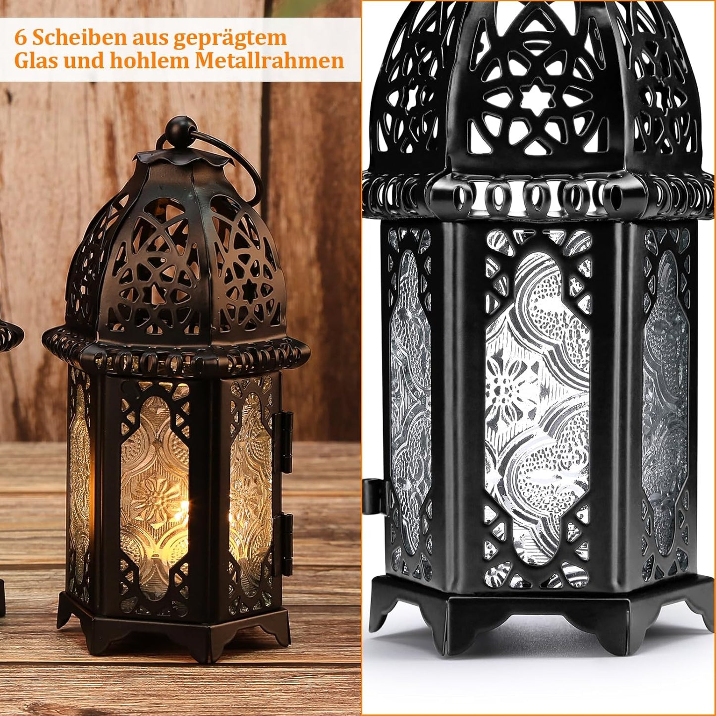 Metal Candle Holder 4PCS Transparent Glass Moroccan Style Hanging Lanterns Creative Wedding Home Tabletop Decoration Birdcage, Black