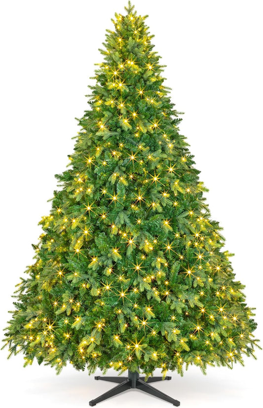 9FT Pre-Lit Christmas Tree with Remote Control, Multi-Color LED Lights, Musical Rotating Christmas Tree Stand, Easy Assembly in 3 Sections, Foldable Metal Stand for Home Holiday Decor