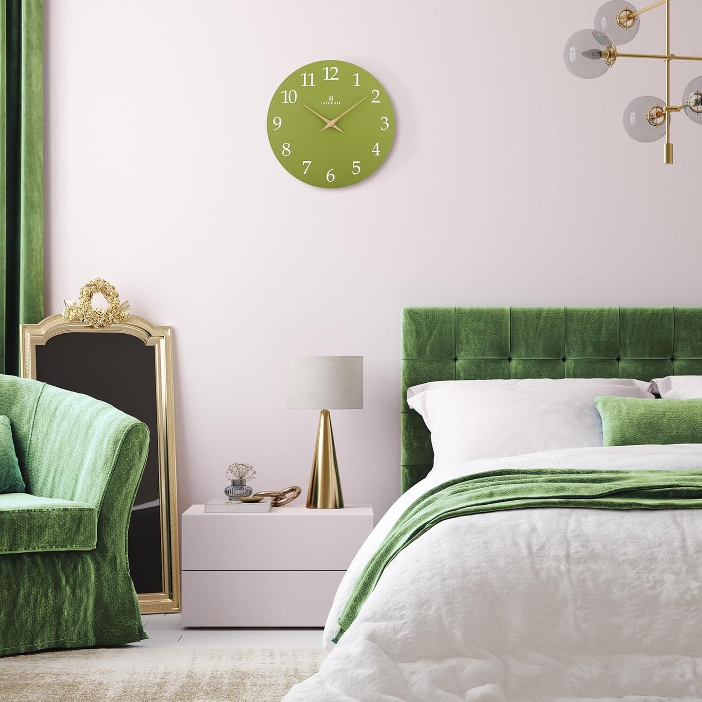 Lafocuse 12 Inch Silent Olive Green Wall Clock Battery Operated for Living Room Decor, Simple Minimalist Wooden Wall Clock for Kitchen Bedroom Office