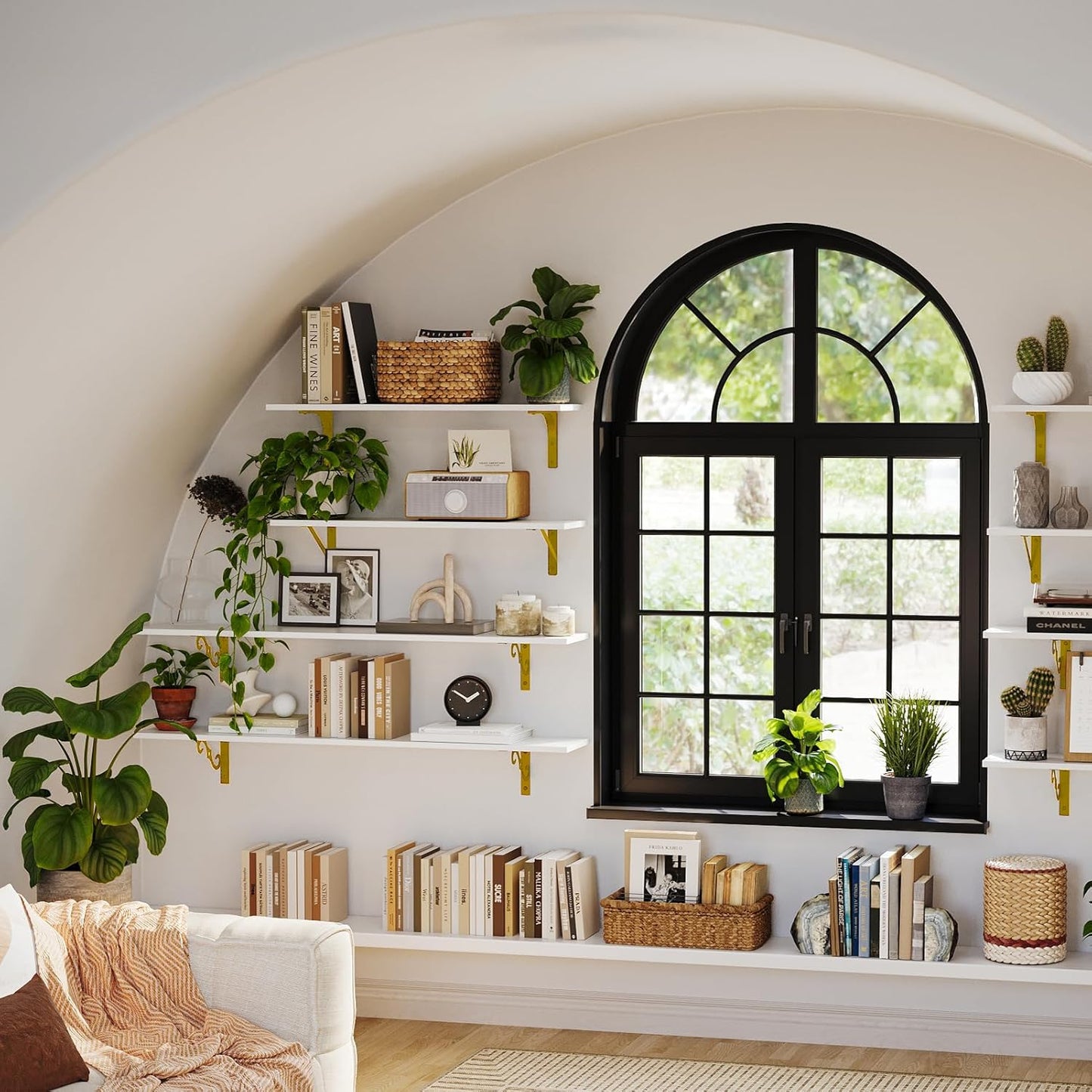 DINZI LVJ Long Wall Shelves, Set of 4, 47.3" Wall Mounted Shelves, Large Floating Shelves for Storage with Metal Brackets, for Living Room, Bathroom, Bedroom, Kitchen, White and Gold