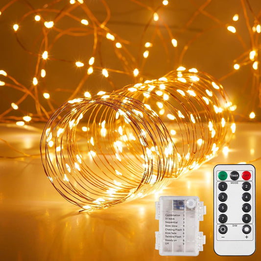 4 Pack 65.6 Ft. Battery Operated Outdoor String Lights with Remote & Timer, LED Warm White Fairy Lights, Waterproof Twinkle Lights for Bedroom, Dorm, Mason Jar, Wedding, Party, Christmas