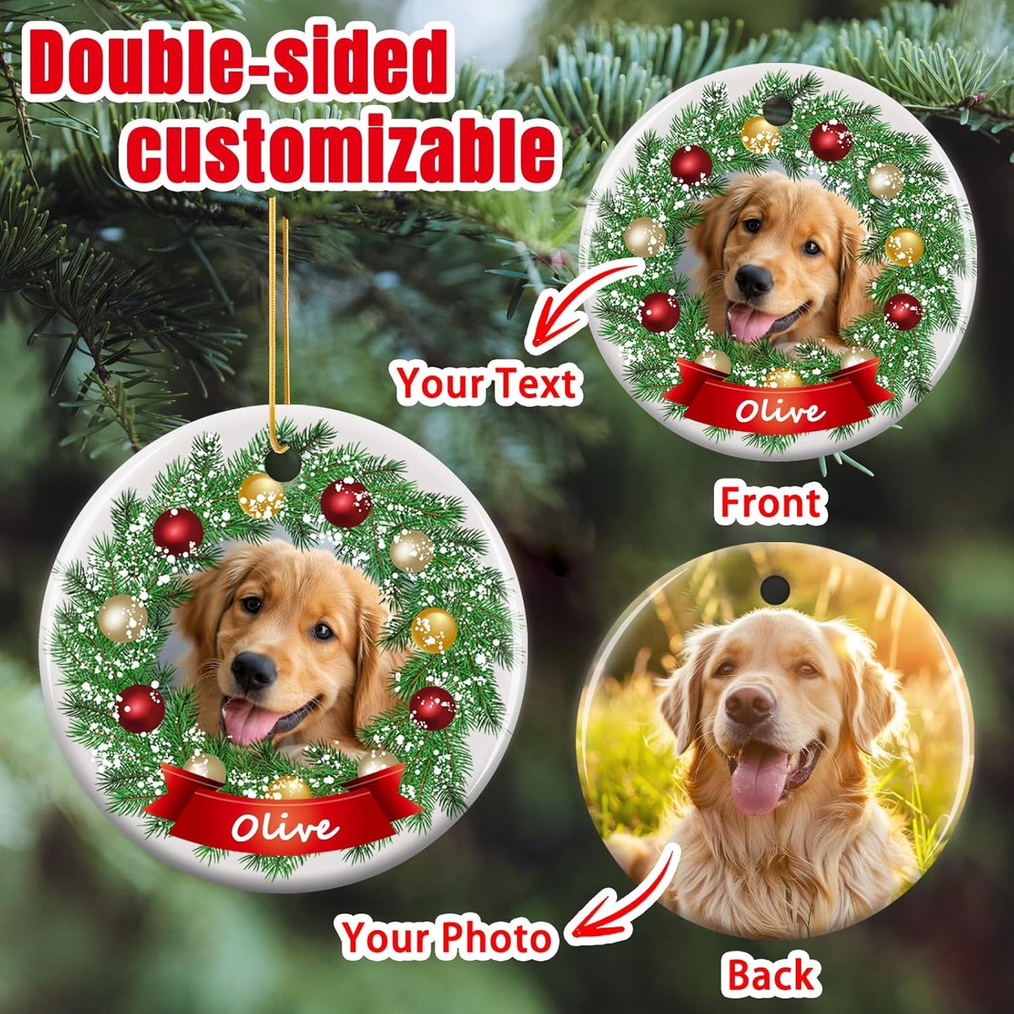 Personalized Christmas Ornaments 2025 - Custom Double-Sided Photo Ceramic Xmas Tree Hanging Decor, Unique for Family Friends (A03-Ceramic Style)