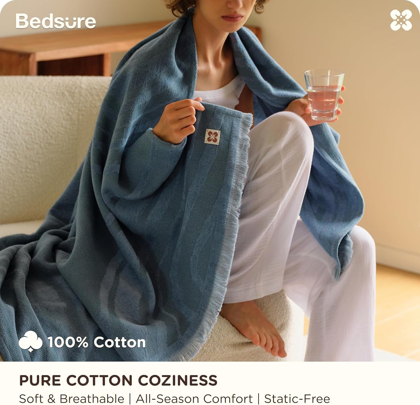 Bedsure 100% Cotton Throw Blanket for Couch - Chenille Woven Textured Blanket Gifts for Women, Cozy and Soft for All Seasons, Home Decor Boho Throw for Bed, Sofa, Tapestry, 50x60 Inches