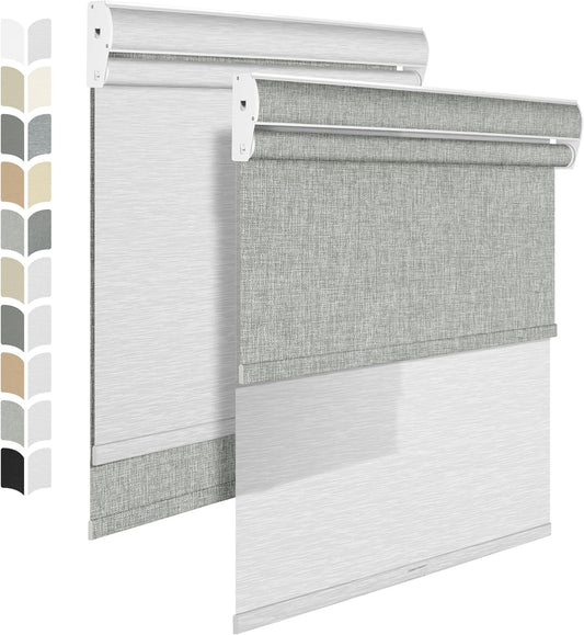 BERISSA Cordless Dual Roller Shades with Cassette Valance, Double Window Shades - Blackout and Light Filtering - Day and Night for Home Office Door. Linen Grey and White - 38 W x 86" H