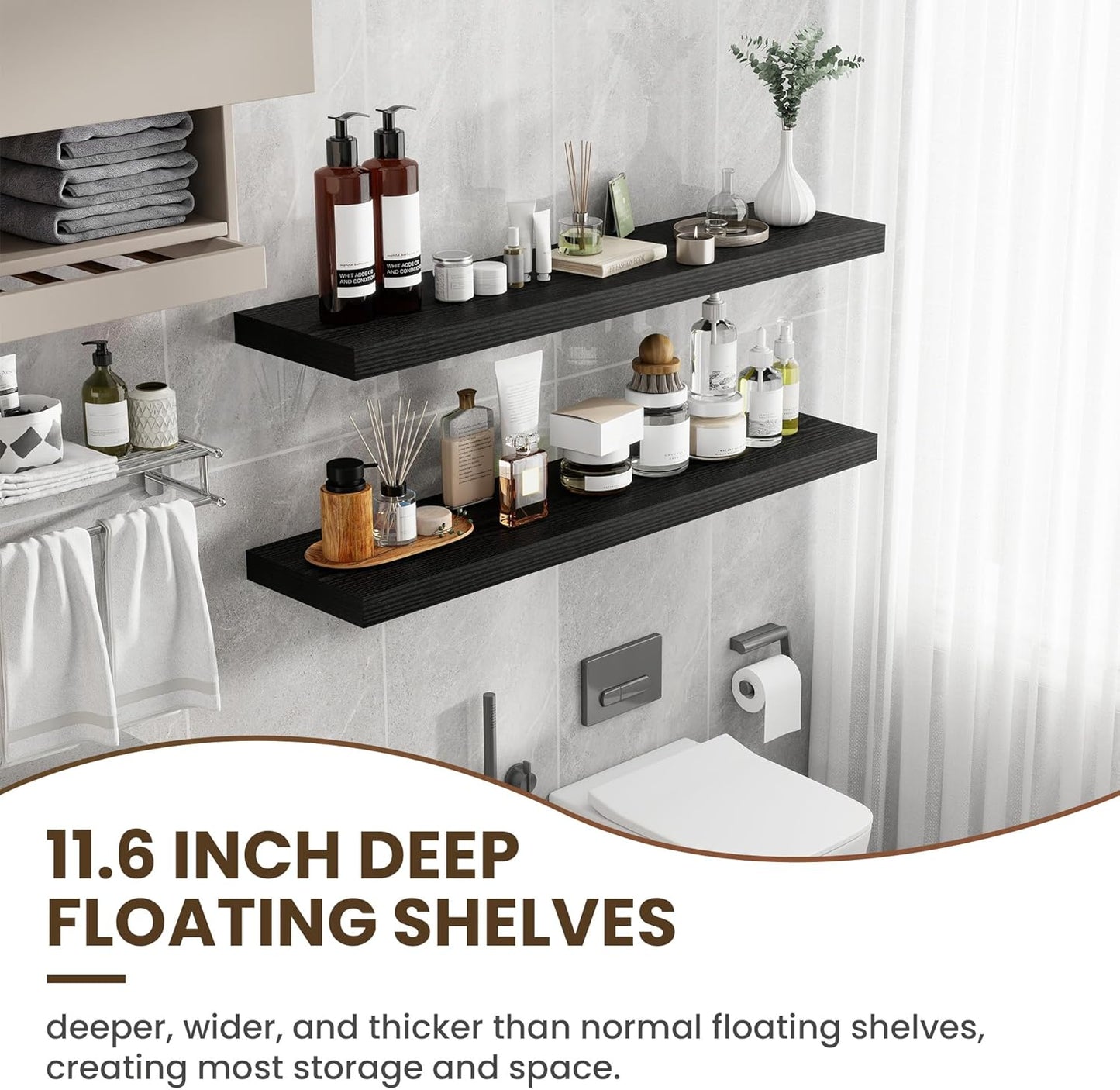 48 Inch Floating Shelves, 12 Inch Deep Floating Shelves for Wall, Floating Shelf with Invisible Brackets, Deep Shelves for Bathroom, Bedroom, Living Room, 1 Pack, Black