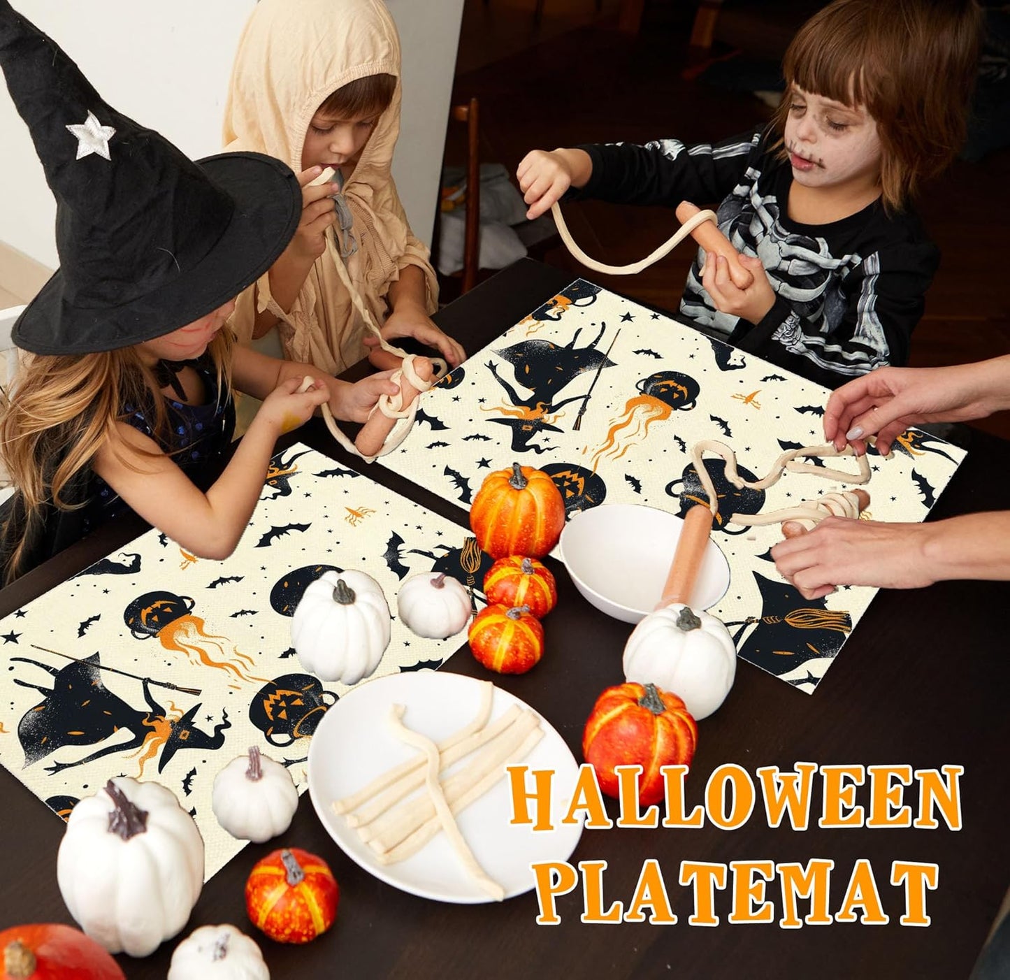 Halloween Spooky Placemats Set of 4, 12x18 Inch Pumpkin Witch Table Mats, Washable Heat Resistant Place Mats for Kitchen Dining Table, Halloween Themed Decoration for Home-B04