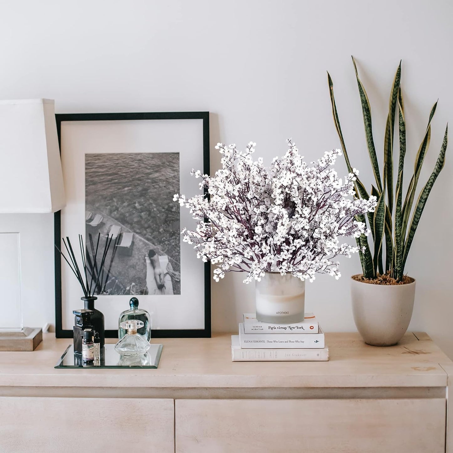 Sggvecsy 15 Pcs Babys Breath Artificial Flowers Gypsophila Bouquets Bulk Real Touch Fake Silk Flowers for Home Wedding DIY Floral Arrangement Kitchen Table Centerpiece Festival Decoration (White)