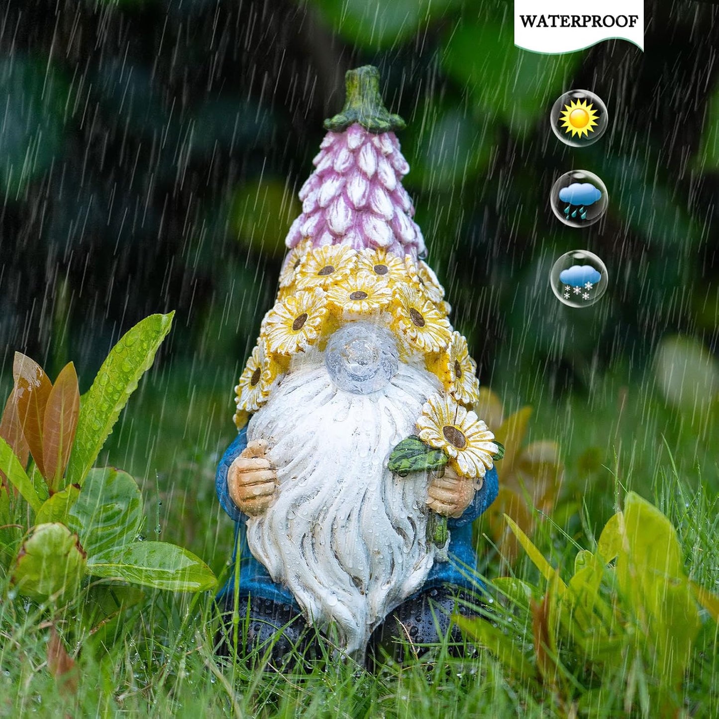 Garden Gnome Statue - Resin Gnome Figurine，with Solar LED Lights, Outdoor Decorations Art Sculpture for Patio Yard Lawn Garden Decor Lawn Ornaments Gnomes Gifts，7.68''