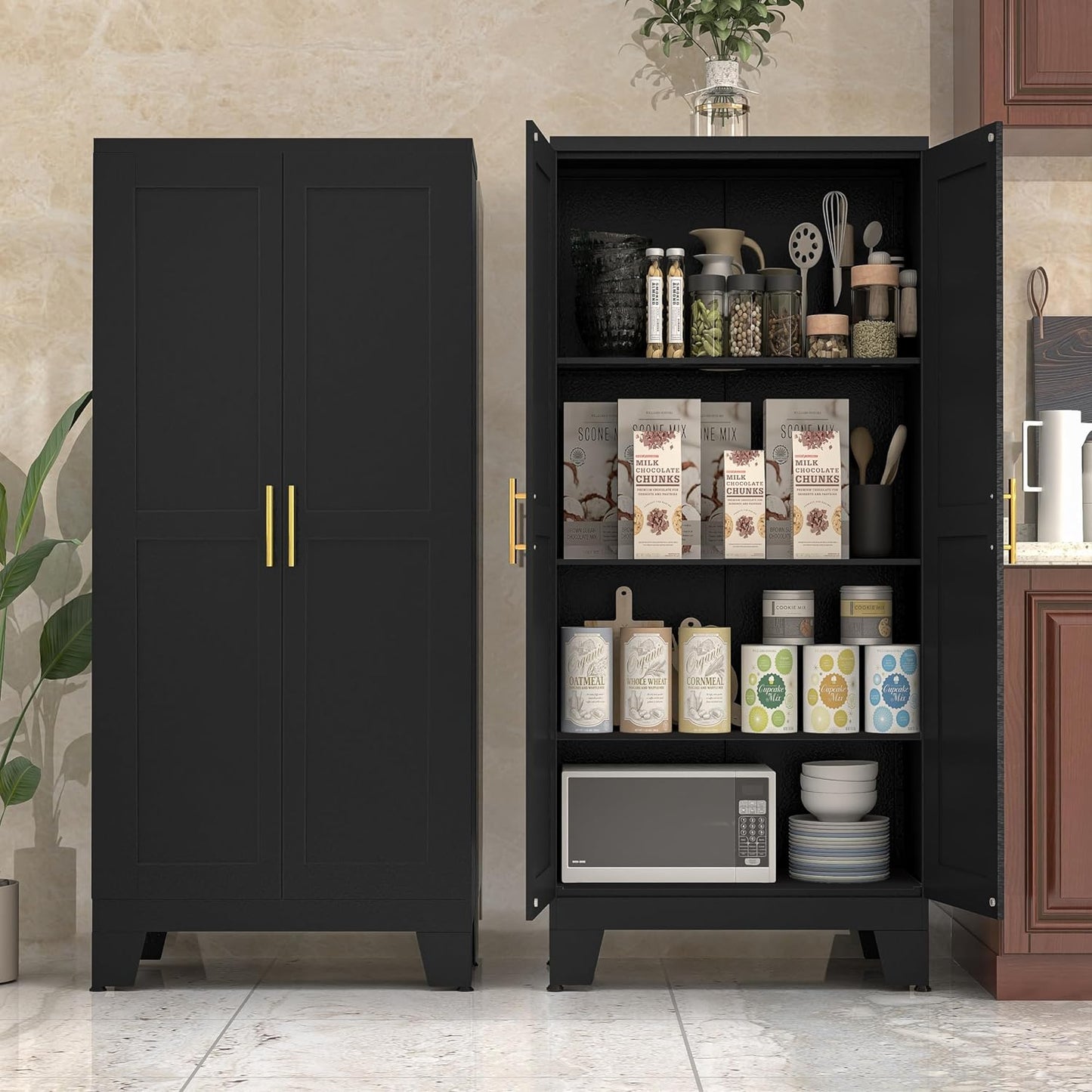 61" Balck Metal Kitchen Storage Cabinet, Kitchen Pantry Storage Cabinet with Doors and Shelves, Storage Cabinet with Adjustable Leveling Foot for Kitchen, Living Room and Dining Room