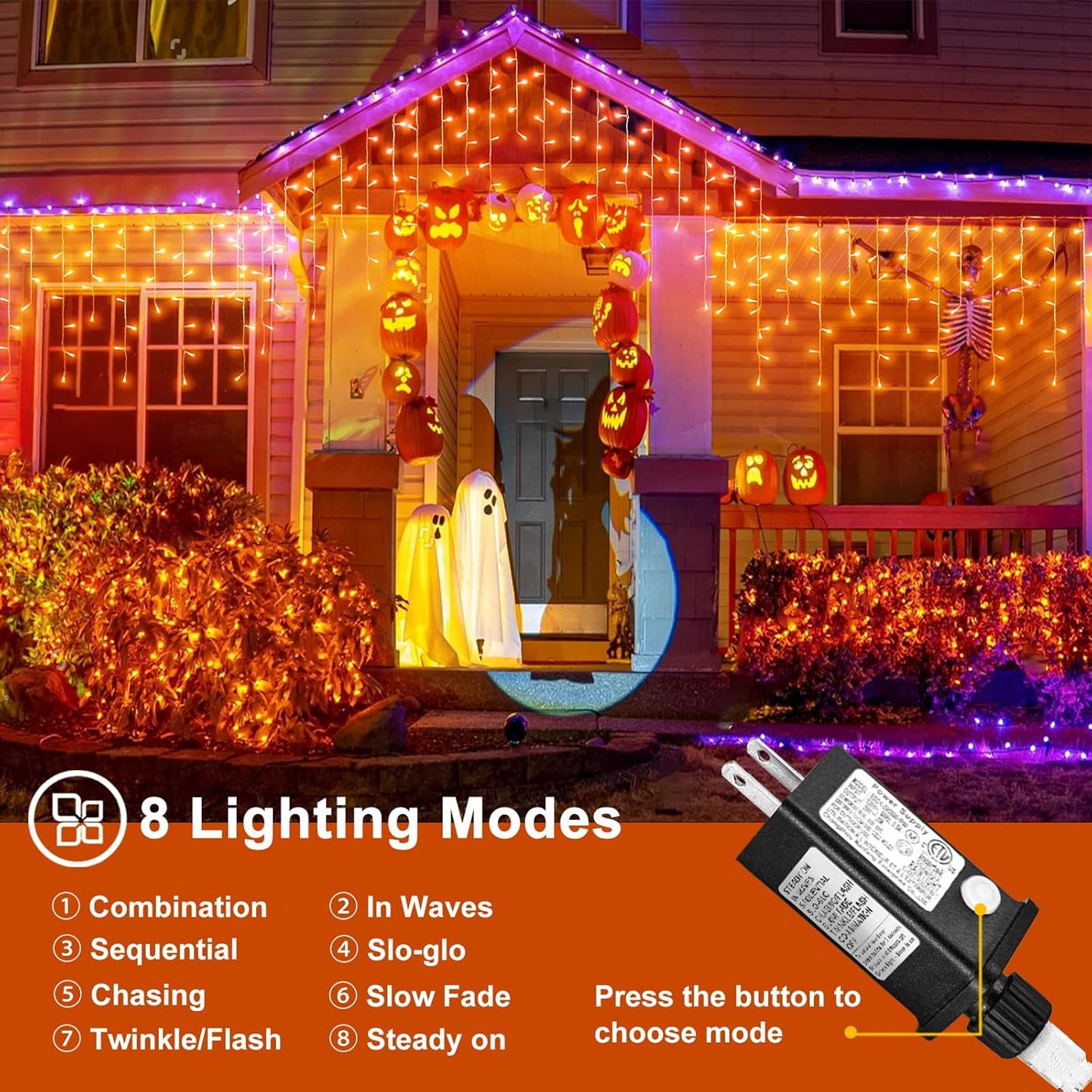 66ft Orange Halloween Lights Outdoor, 640LED Icicle Lights for Outside Indoor Twinkle Christmas Light with Connectable Clear Wire 8 Modes Timer Waterproof for House Party Tree Holiday Yard Patio Decor