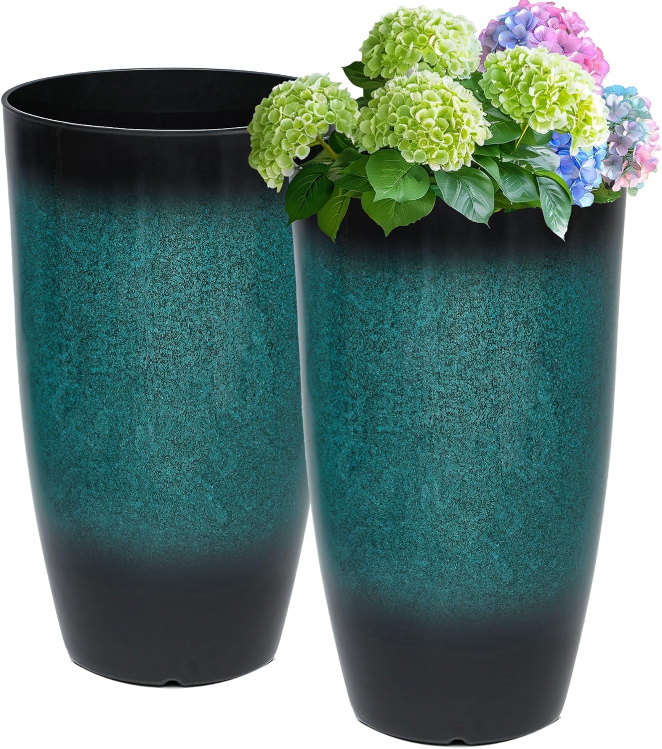 23.6" H Large Tall Outdoor Planters, Set of 2 Plastic Large Flower Pots for Outdoor Plants, with Gradient Turquoise Finish, Weather-Resistant for Porch, Garden, Patio or Indoor Use