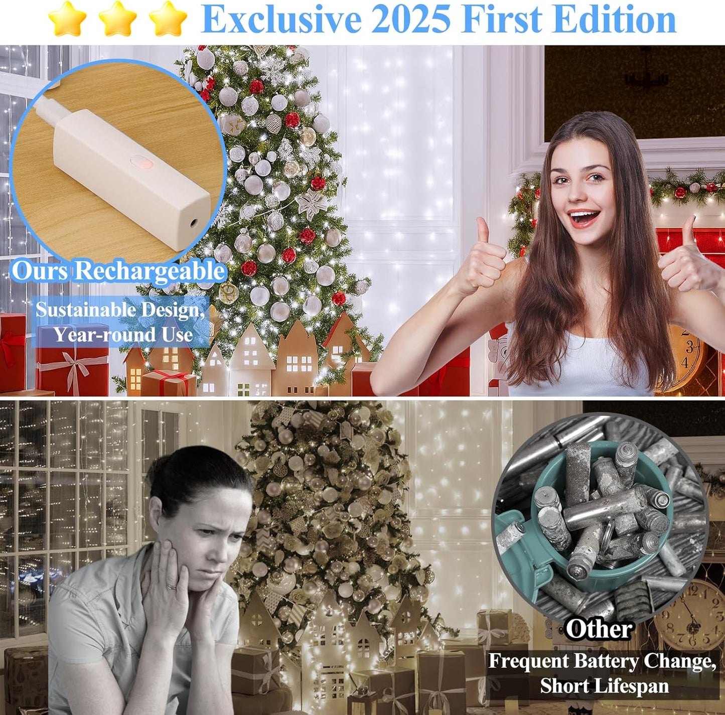 66FT(33 * 2) Rechargeable String Lights Battery Operated, Fairy Lights with Timer, Mini LED Twinkle Lights for Bedroom, Christmas Decorations, Wedding, Vine, Centerpiece Table Decor Cool White