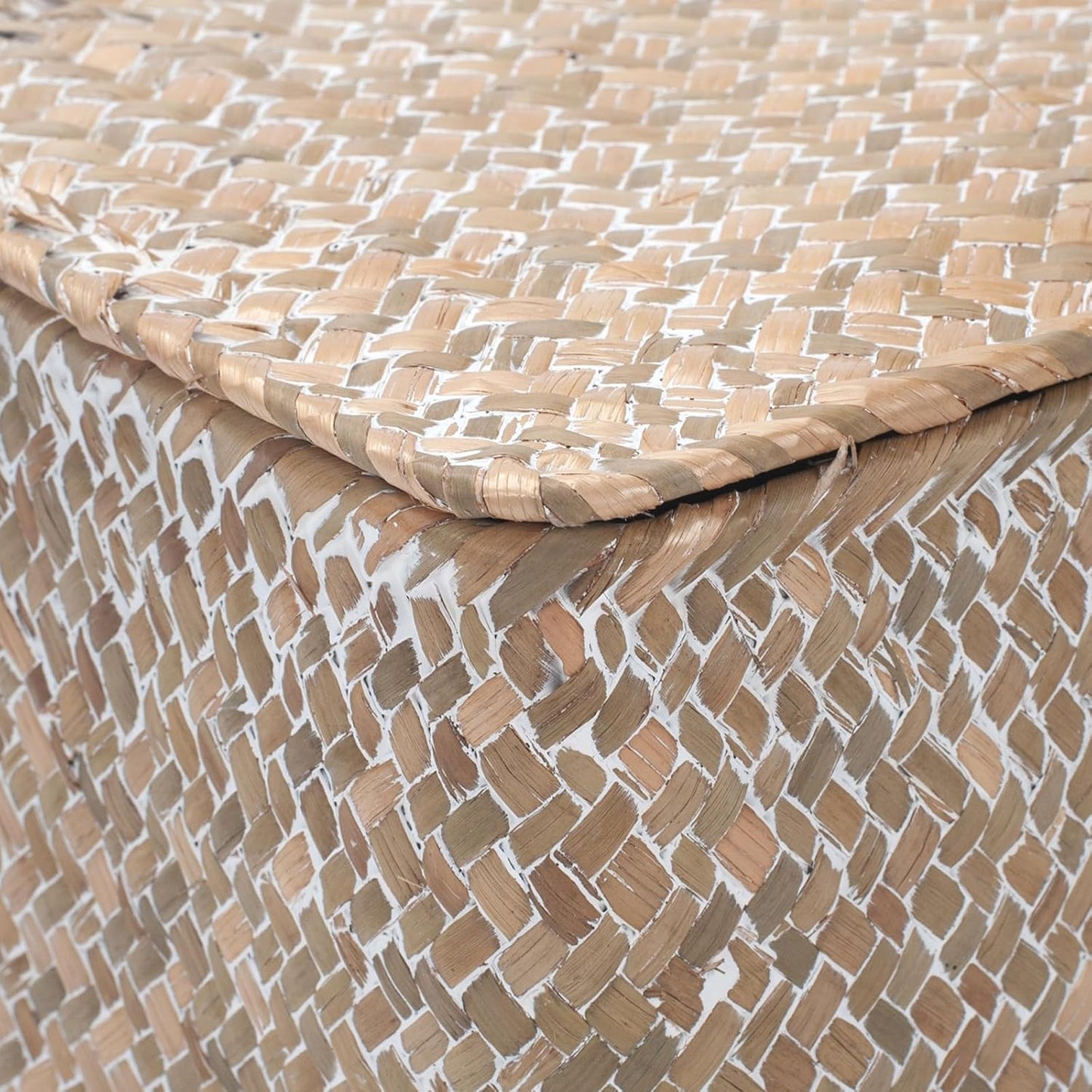 Wicker Basket with Lid, Seagrass Storage Basket, Woven Decorative Storage Baskets for Shelf Organizing, Whitewash