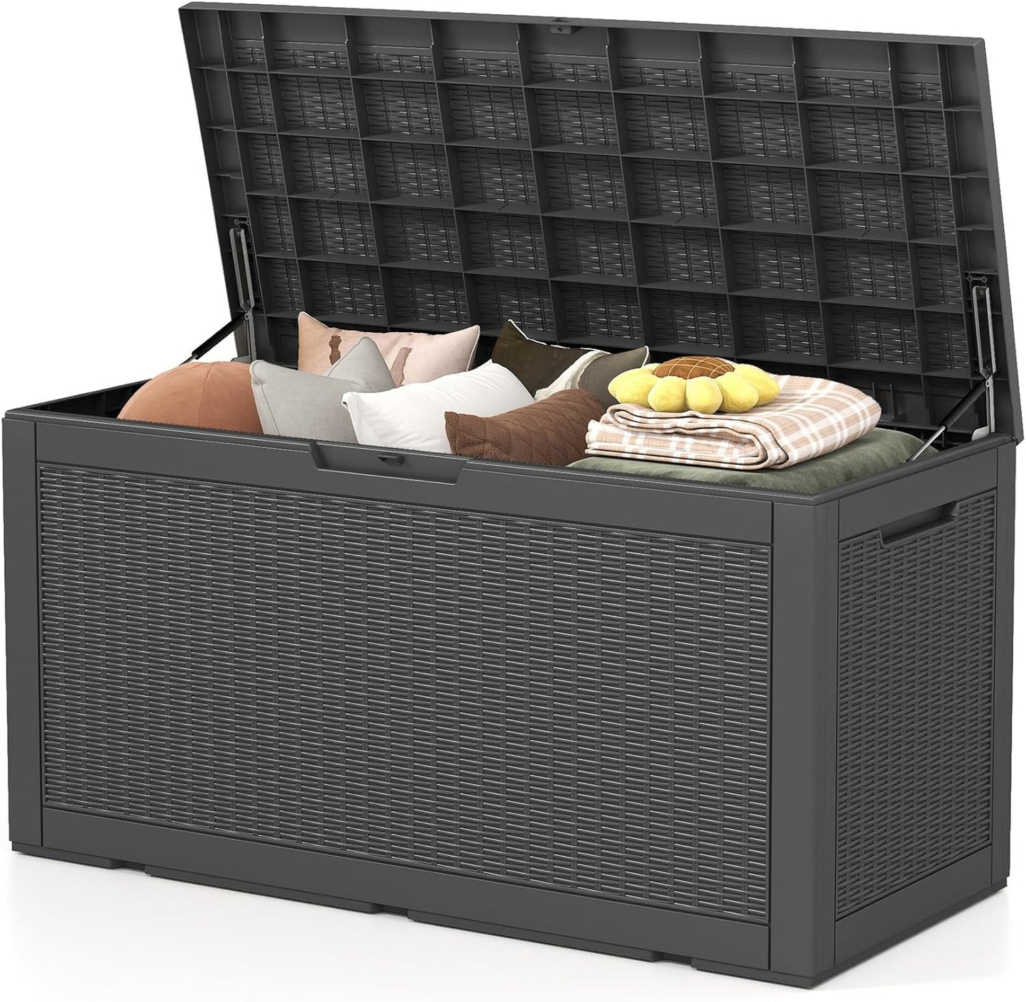 100 Gallon Deck Box Outdoor Waterproof, Rattan Outdoor Storage Box, Patio Storage Boxes for Cushions, Pillow, Garden Tools, Equipment