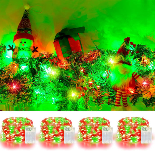 4 Pack 60LED Christmas Fairy Lights Battery Operated - 20FT Twinkle Lights with 2 Lighting Modes Indoor Outdoor, Waterproof Led Fairy String Lights for Bedroom, Classroom, Dorm, DIY Decor, Red & Green